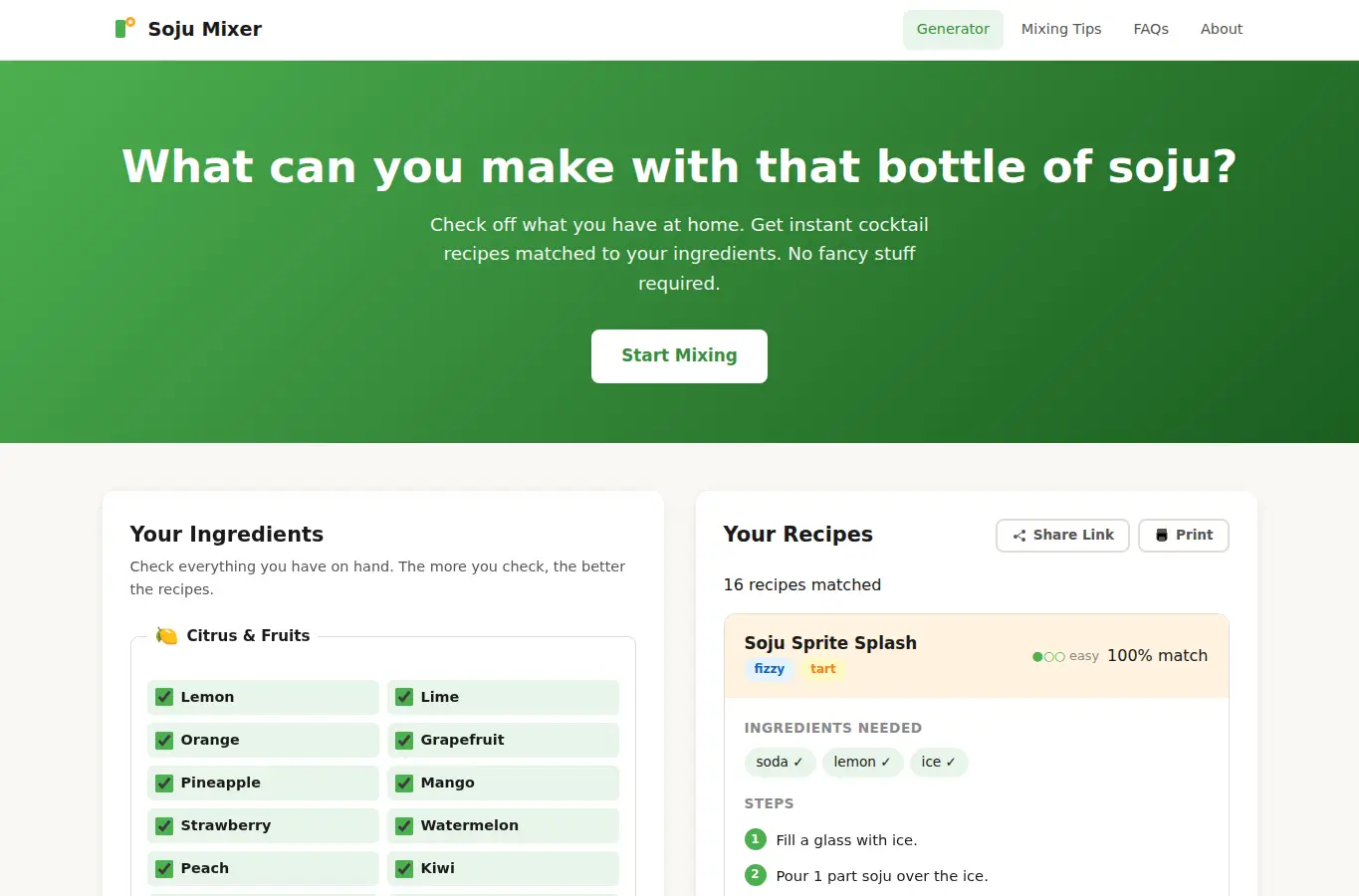 Screenshot of Soju Cocktail Recipe Generator interface showing the project page in use